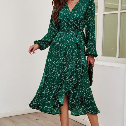 Long Sleeve Wrap Midi Dress In Green
