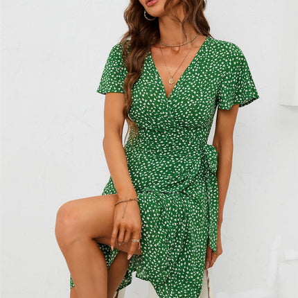 Floral Print Mini Wrap Dress In Green