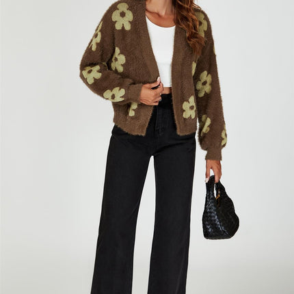 Flowers Pattern Knitted Cardigan In Brown