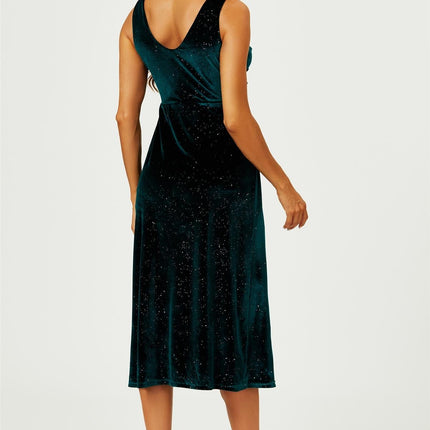Silver Sparkly Velvet Knot Front Midi Dress In Green