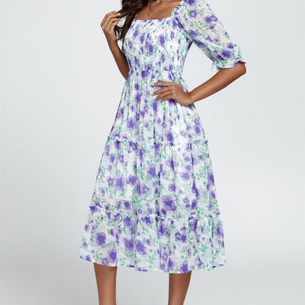 Floral Print Bardot Puff Sleeve Elasticated Detail Midi Dress In White