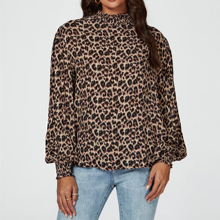 Leopard Print Long Sleeve High Neck Blouse In Brown