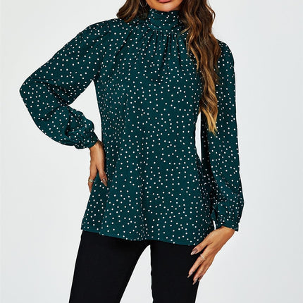 Polka Dot Print Long Sleeve Back Tie Blouse Top In Green