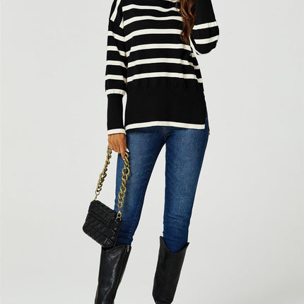 Stripes Pattern Turtleneck Jumper Top In Black