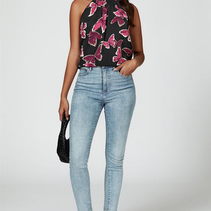 Butterfly Print Halter Neck Tie Back Top In Black