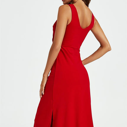 V Neck Knot Front Midi Dress In Red
