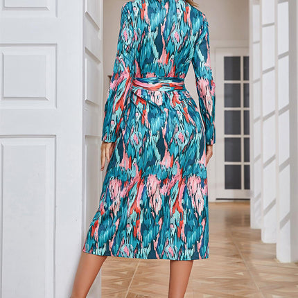 Multi Color Print Shirt Midi Wrap Dress In Green & Pink