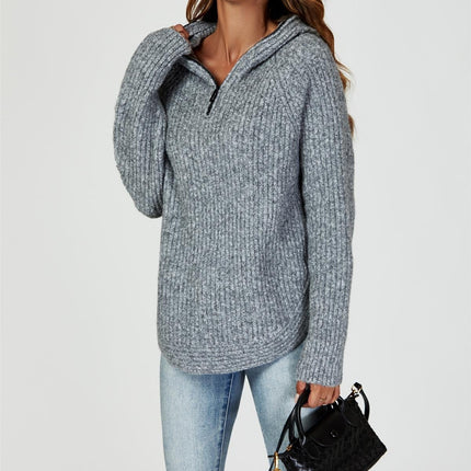 Zip Detail Knit Hoodie In Grey