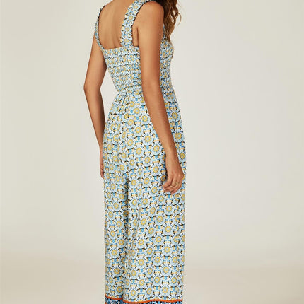 Geo Print Stretchy Smocked Wide Leg Jumpsuit In Blue