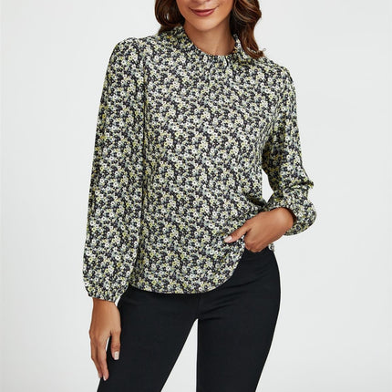 Multi Floral Print Frill Detail High Neck Top In Yellow
