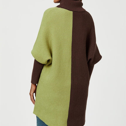 High Neck Half Brown & Green Block Colour Jumper Top