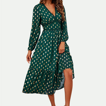 Lace Trim Foil Long Sleeve Maxi Dress In Green