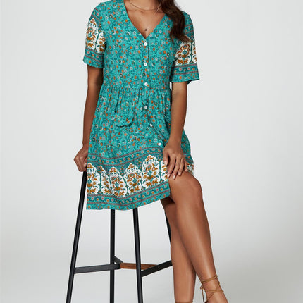 Print Boho Mini Dress In Green