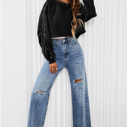 Oversized Sequin Detail Cropped Sweatshirt In Black