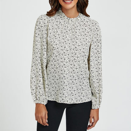 Little Floral Print Frill Detail High Neck Top In White
