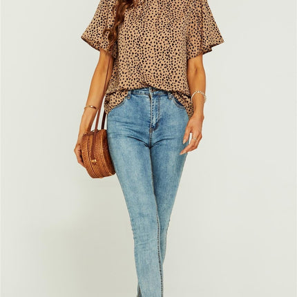 Little Heart Print Angle Sleeve High Neck Top/Blouse In Beige