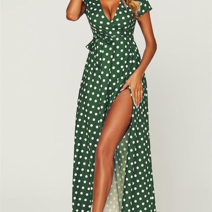 Polka Dot Print High Waist Wrap Dress In Green