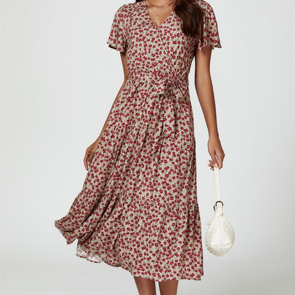 Pink Floral Print Wrap Midi Dress In Beige