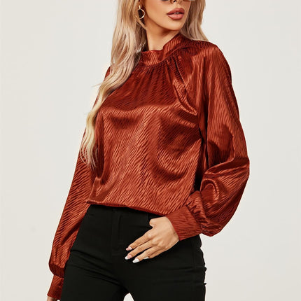Halter Neck Satin Long Sleeve Blouse Top In Copper Red