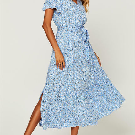 Floral Print Hem Tiered Wrap Midi Dress In Blue