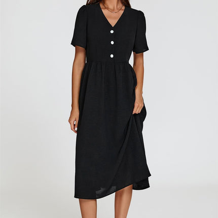 Button Front Midi Dress In Black