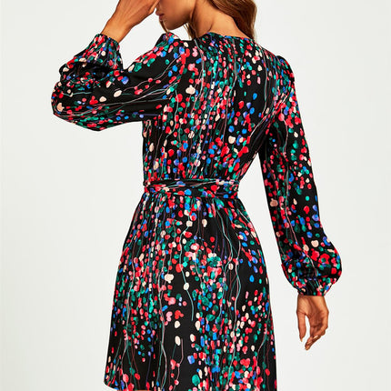 Abstract Floral Print Wrap Mini Dress In Black