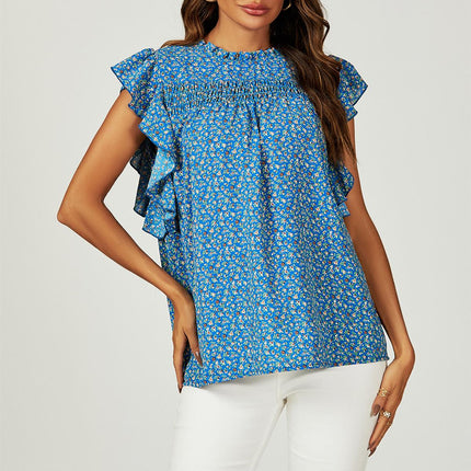 Floral Print Frill Hem Short Sleeve Blouse Top In Blue