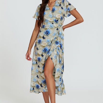 Floral Print Wrap Hem Midi Dress In Beige