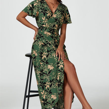 Abstract Floral Wrap Maxi Dress In Olive