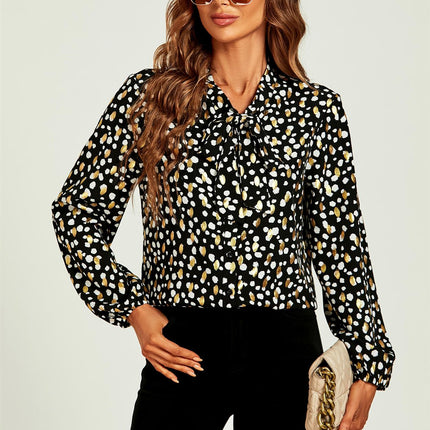 Gold Foil Leopard Print Pussybow Blouse/Top In Black