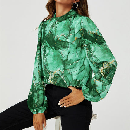 Marble Print Long Sleeve High Neck Top In Light Green