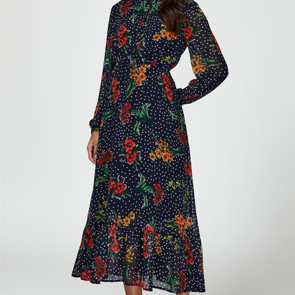 Floral Dot Print Maxi Dress In Navy