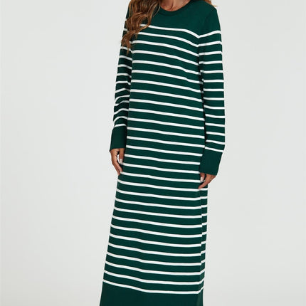 Stripe Pattern Knitted Tunic Jumper Dress In Dark Green