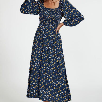 Floral Print Square Neck Maxi Dress In Dark Blue
