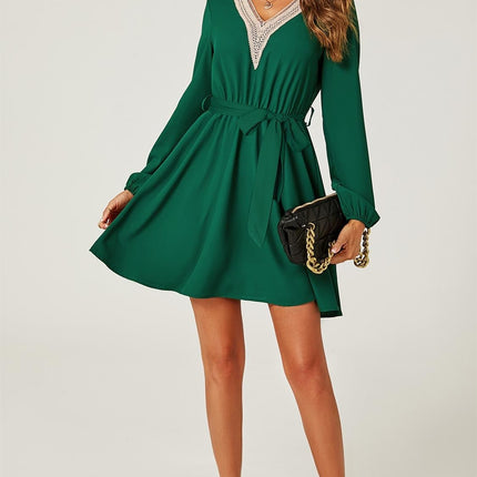 Lace Trim V Neck Mini Dress In Green