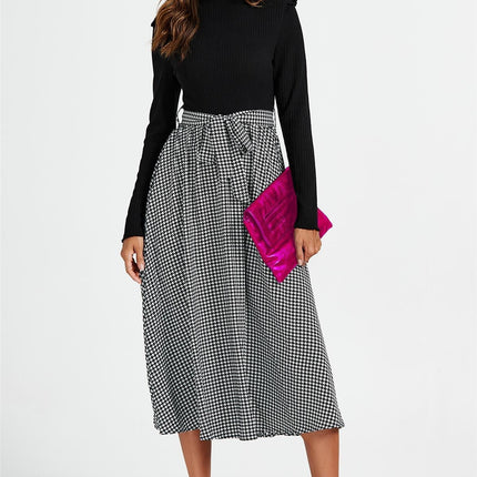 2 In 1 Black & White Houndstooth Printed Midi Dress