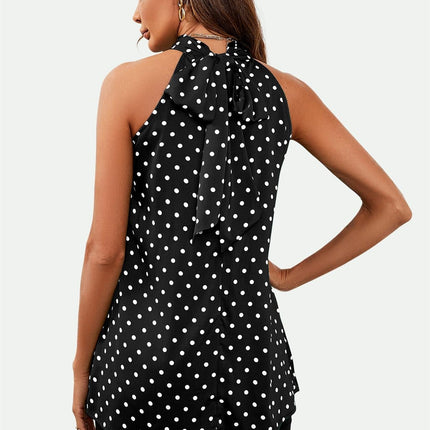 Polka Dot Print Halter Neck Tie Back Top In Black