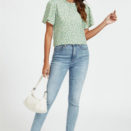 Little Floral Print Angle Sleeve High Neck Top/Blouse In Green