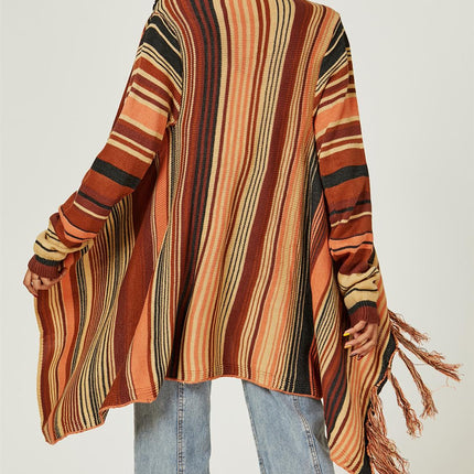 Fringes Detail Cardigan In Rusty Red & Orange & Black