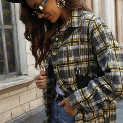 Yellow Brushed Check Oversized Pocket Detail Shacket Shirt Jacket In Grey