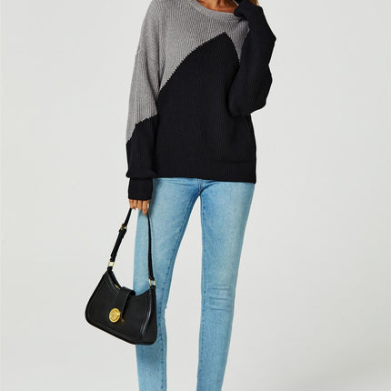 Block Colour Relaxed Knit Jumper Top In Grey & Black