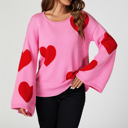 Wide Sleeve Oversize Red Jumper With Pink Heart