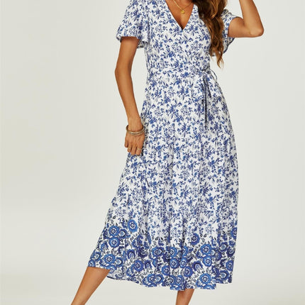 Floral Border Print Hem Tiered Midi Dress In White