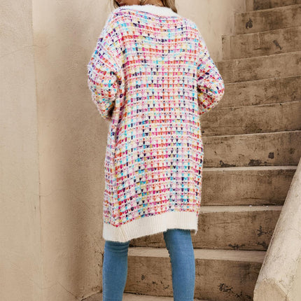 Cream Boucle Check Cardigan In Rainbow Multicolour Speckles