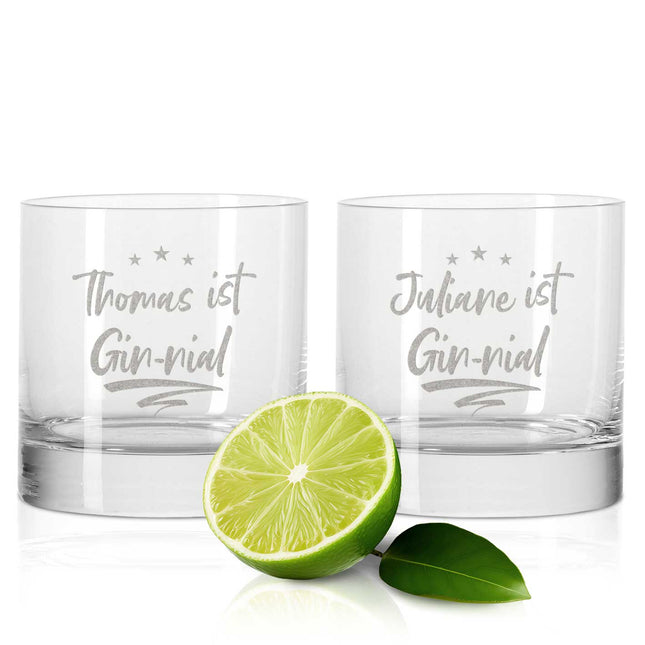 SEO. 2er Set Montana GIN - Gläser "Gin - nial" mit Wunschnamen - Linkreich