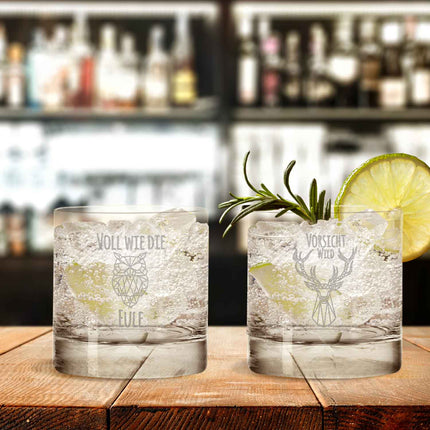 SEO. 2er Set Montana GIN - Gläser "Voll wie die Eule + Vorsicht Wild!" - Linkreich