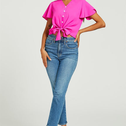 Cute Tie Knot Front Buttoned Crop T Shirt Top In Fuchsia Pink