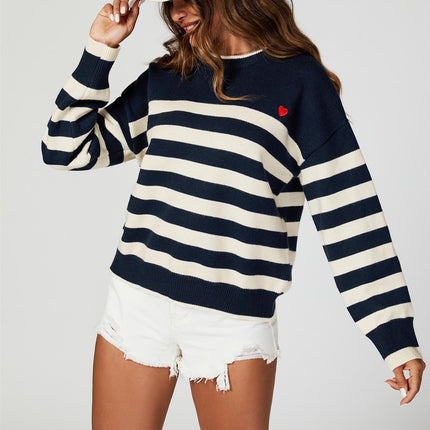 Stripe Jumper with Heart Embroidery In Navy