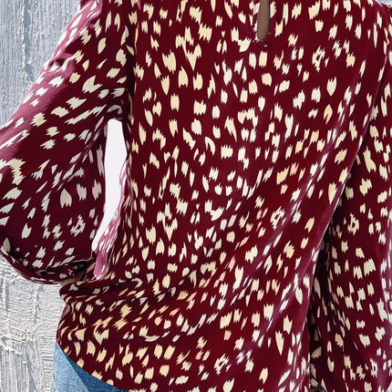 Animal Print Frill Detail High Neck Top In Wine