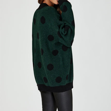 Wool Blended V Neck Jumper In Green & Black Polka Dot